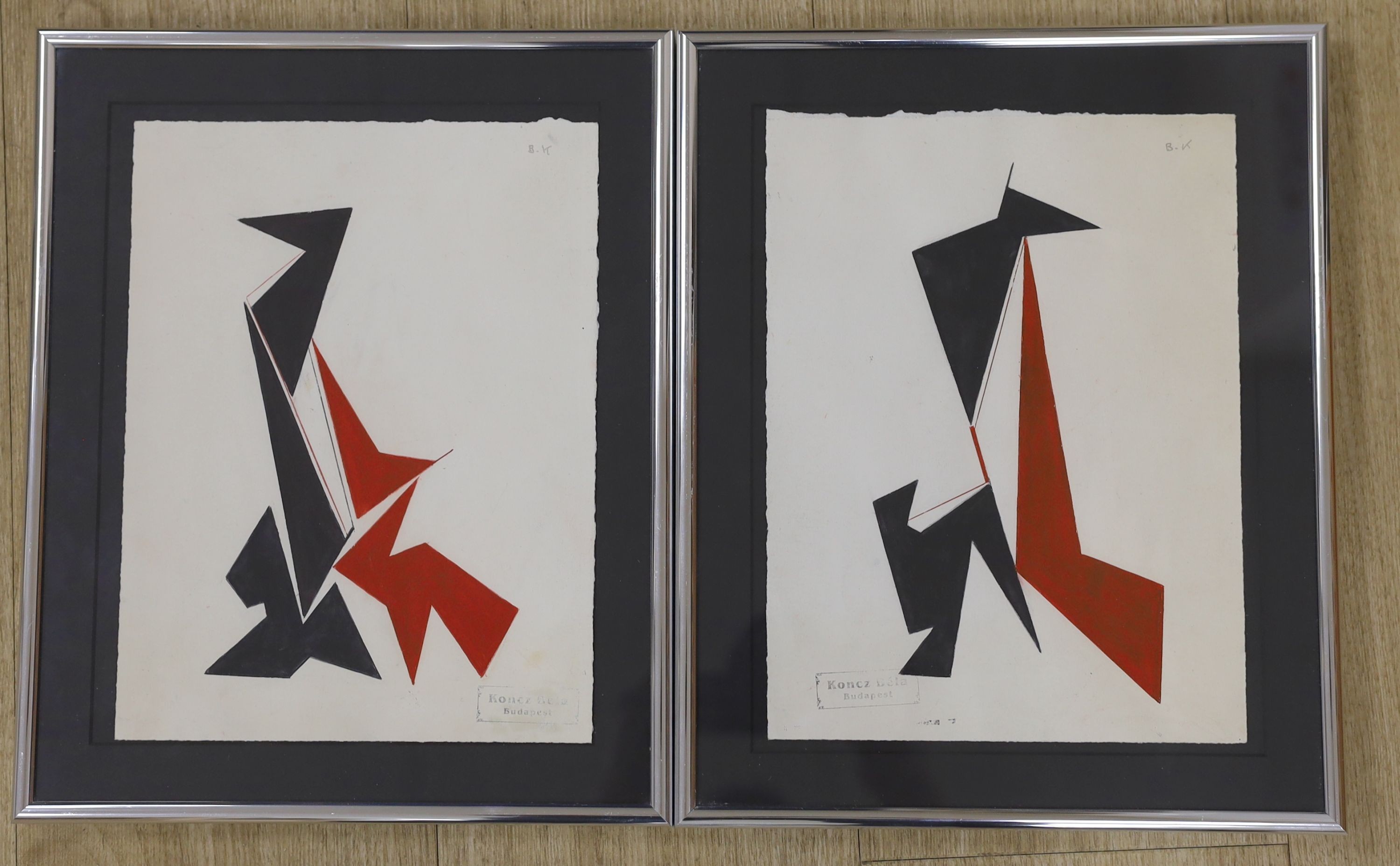 Attributed to Béla Koncz (1925-2002), pair of ink and watercolour studies, Abstract designs, initialled with studio stamps, 26 x 20cm